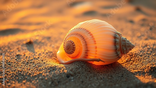 A delicate, perfectly formed shell with swirling patterns and intricate ridges lies exposed on a sandy beach, its translucent surface glowing warmly in the golden light of sunset.