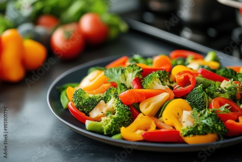 colorful steamed vegetables arranged on a kitchen counter, illustrating the concept of cooking with vegetables in a banner design photo