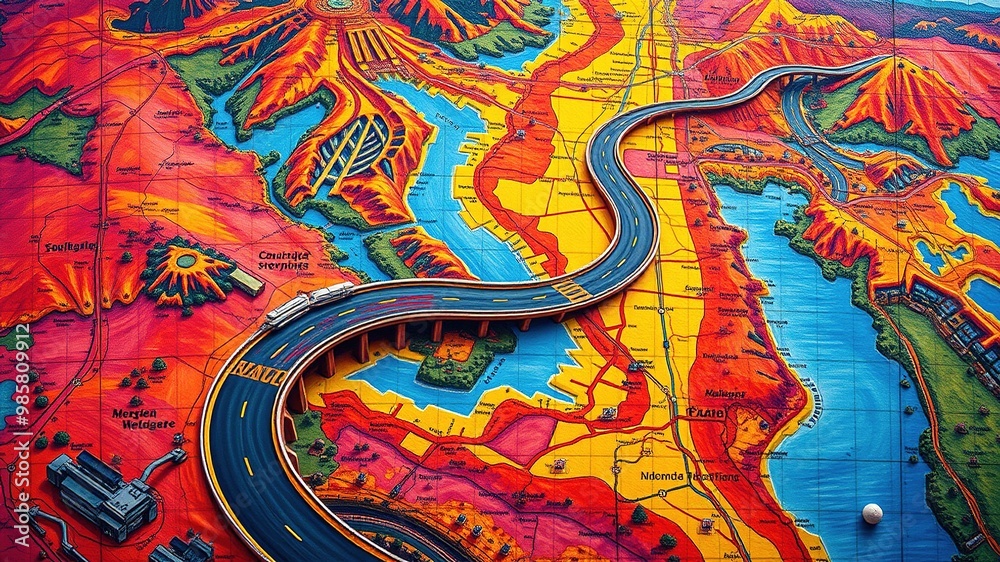 A detailed, high-contrast graphic illustration of a winding road that stretches across a vibrant, grid-based map, with various symbols and markings denoting cities, landmarks, and highways. A detailed, high-contrast graphic illustration of a winding road that stretches across a vibrant, grid-based map, with various symbols and markings denoting cities, landmarks, and highways.