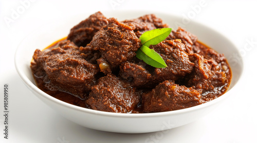 A bowl of meat stew with green leaves on top