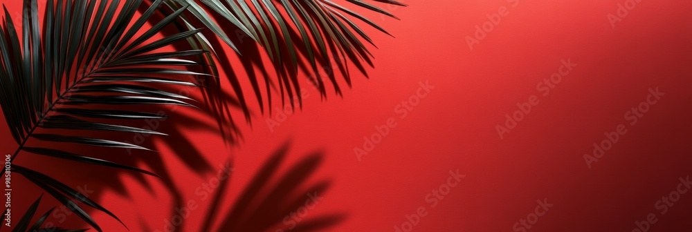 Fototapeta premium Palm leaves create striking shadows on a bright red wall, showcasing a bold contrast in color and texture