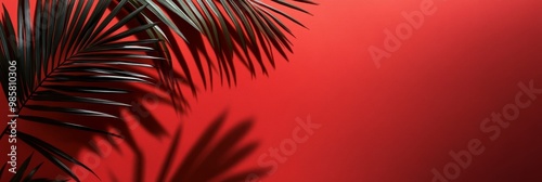 Palm leaves create striking shadows on a bright red wall, showcasing a bold contrast in color and texture