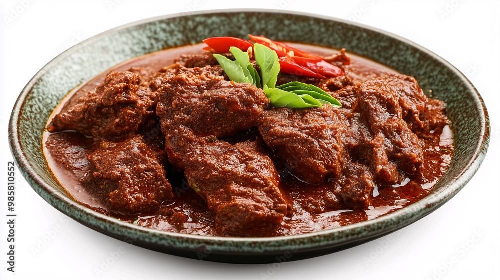 A plate of meat and sauce with a green leaf on top A plate of meat and sauce with a green leaf on top