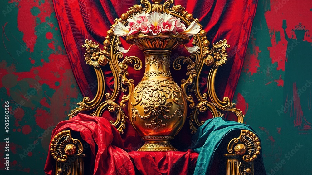 A gleaming golden vase adorned with intricate carvings and delicate petals sits atop a lavish throne, surrounded by regal fabrics and ornaments, against a stylized red and green background. A gleaming golden vase adorned with intricate carvings and delicate petals sits atop a lavish throne, surrounded by regal fabrics and ornaments, against a stylized red and green background.
