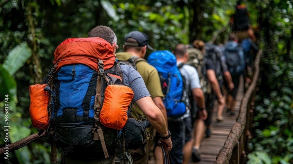 Hikers on a wooden bridge in a lush forest, carrying backpacks for an adventure. Hikers on a wooden bridge in a lush forest, carrying backpacks for an adventure.