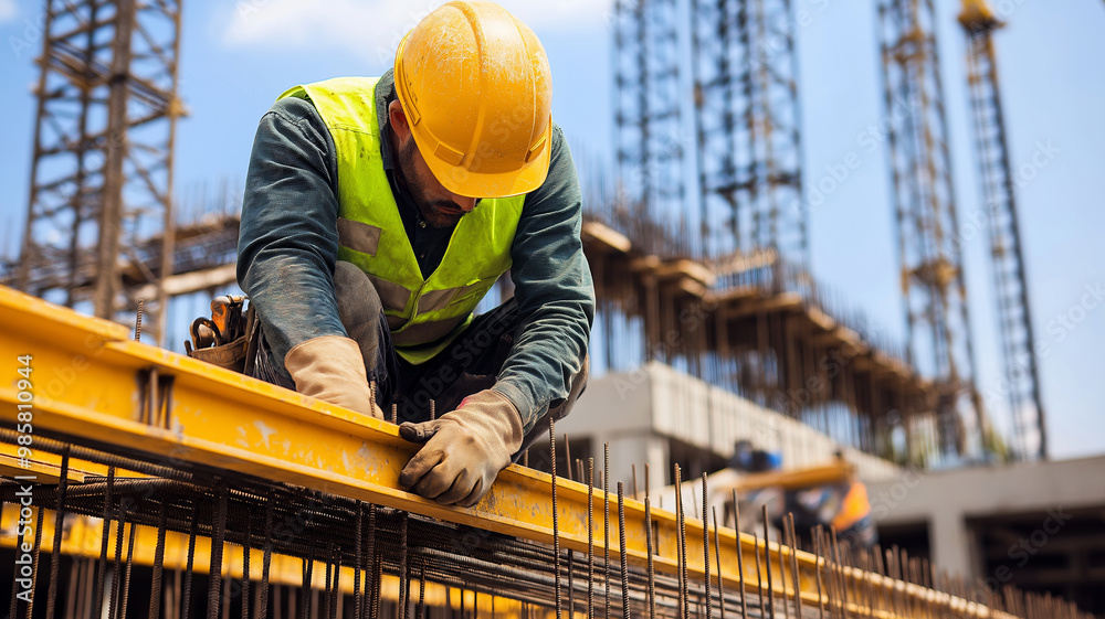Construction Worker Securing Rebar on Site Construction Worker Securing Rebar on Site