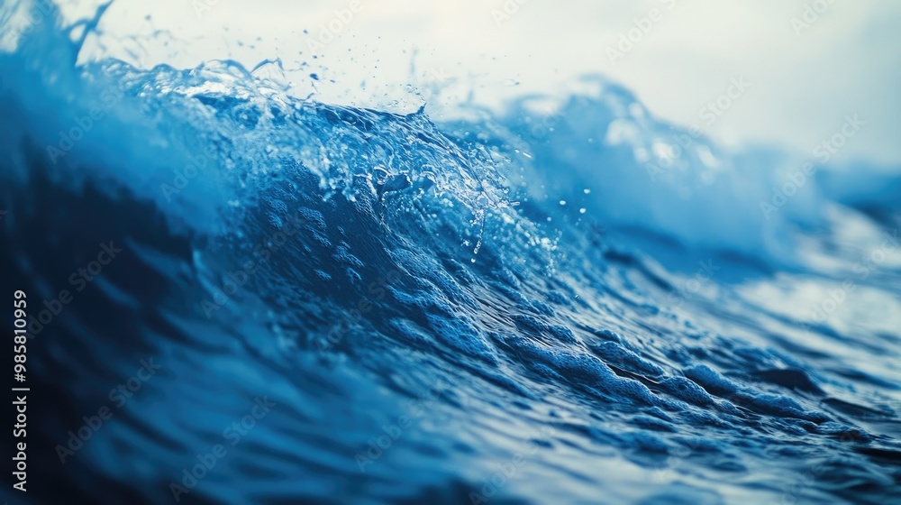 A close-up of a wave about to break, capturing the details of the water and its vibrant blue hues.
