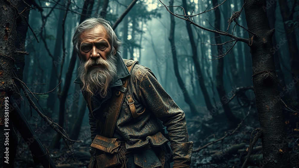 A grizzled, weathered miner emerges from a dense, misty forest, covered in dirt and twigs, with rusted tools slung over a worn leather belt. A grizzled, weathered miner emerges from a dense, misty forest, covered in dirt and twigs, with rusted tools slung over a worn leather belt.