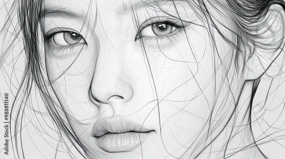 Obraz premium Line Art Portrait of a Woman's Face with Intricate Detail