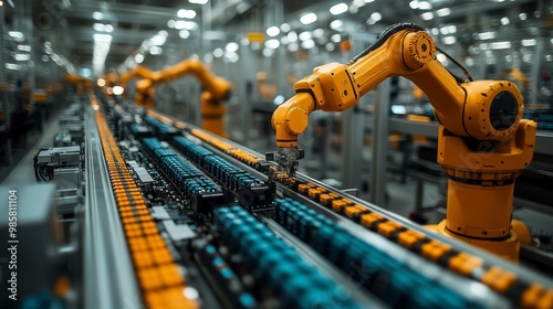 Industrial scene featuring robotic arms assembling products on a conveyor belt.