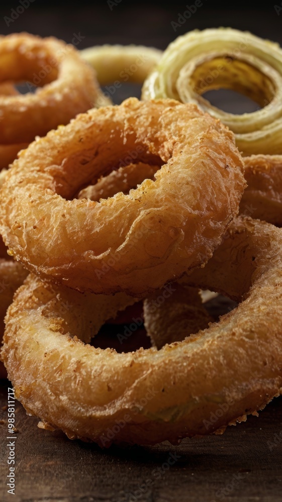 Crispy fried onion rings on a wooden table. Crispy fried onion rings on a wooden table.