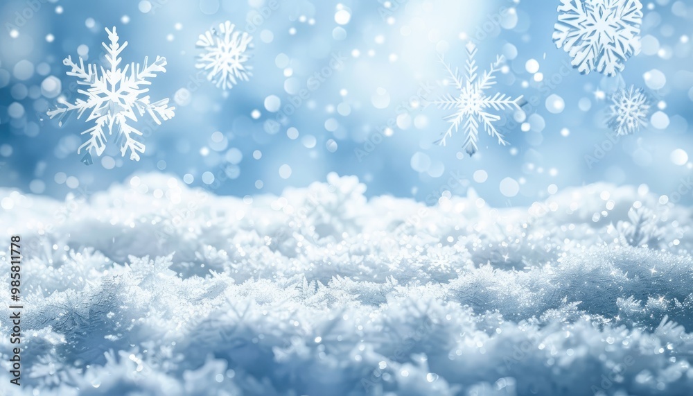 Snowflakes Falling on a Snowy Surface with Bokeh Background Snowflakes Falling on a Snowy Surface with Bokeh Background