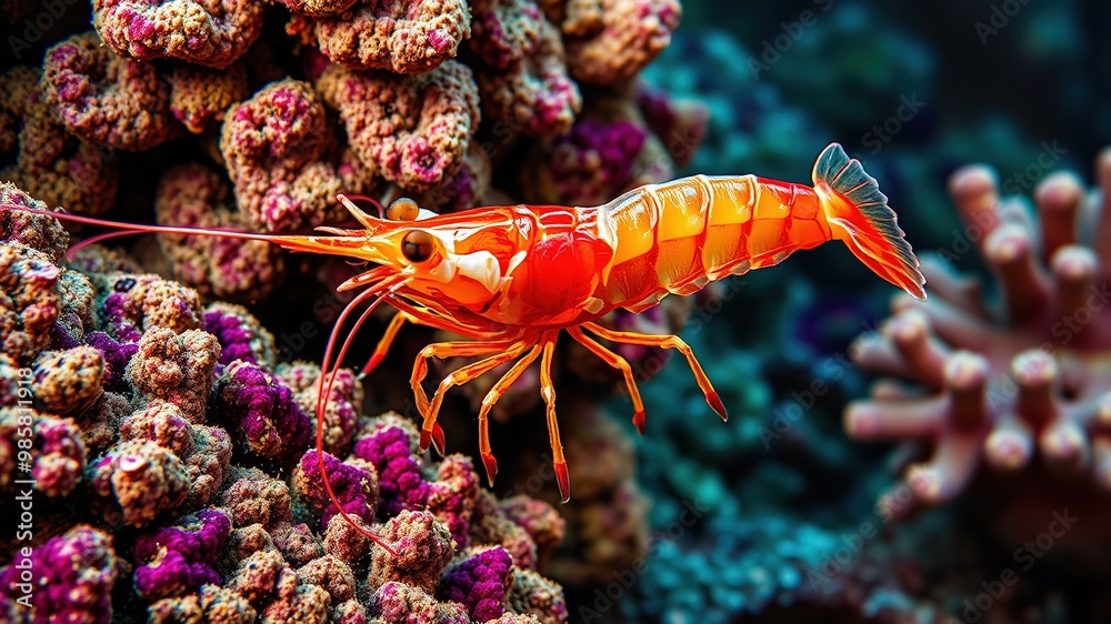 A long-armed shrimp with a translucent shell and striking coloration swims through a coral reef, its antennae and claws visible as it moves through the ocean's depths. A long-armed shrimp with a translucent shell and striking coloration swims through a coral reef, its antennae and claws visible as it moves through the ocean's depths.