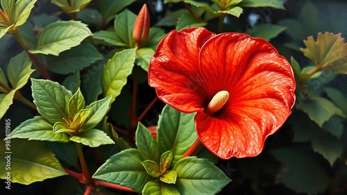 A lush, exotic bloom with heart-shaped spathe petals in a vibrant shade of red, surrounded by delicate, waxy leaves and delicate stems amidst a bed of soft, velvety green foliage. photo