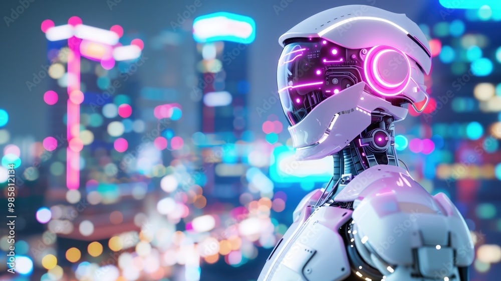 Futuristic robot with neon lights in a city background at night, showcasing advanced technology and artificial intelligence. Futuristic robot with neon lights in a city background at night, showcasing advanced technology and artificial intelligence.