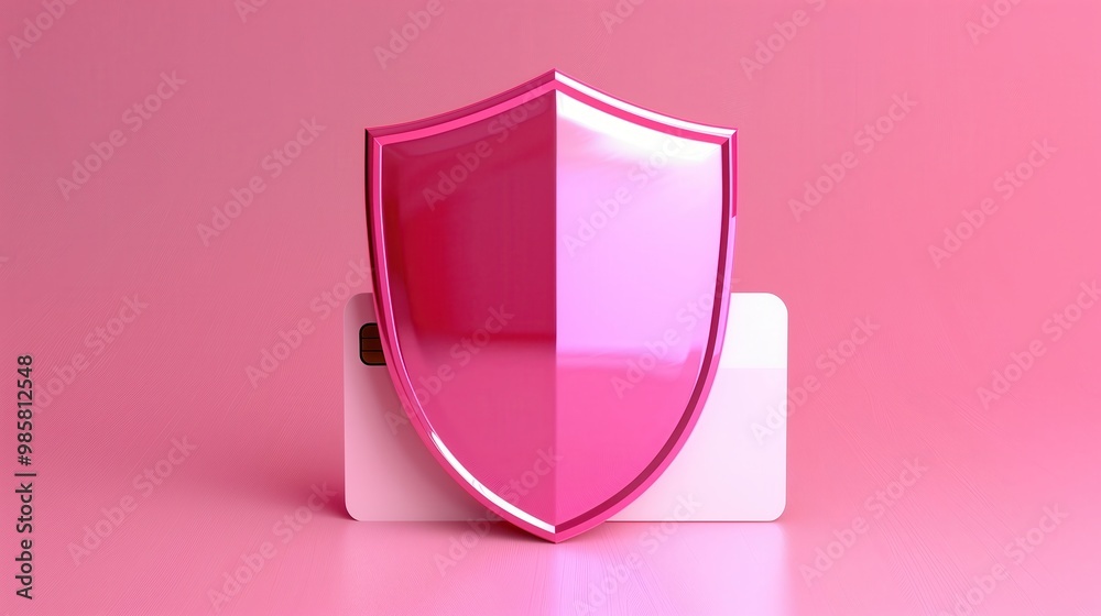 Pink shield and credit card on pastel background. Symbolizes protection, security, and digital safety. Ideal for cybersecurity and data security themes.