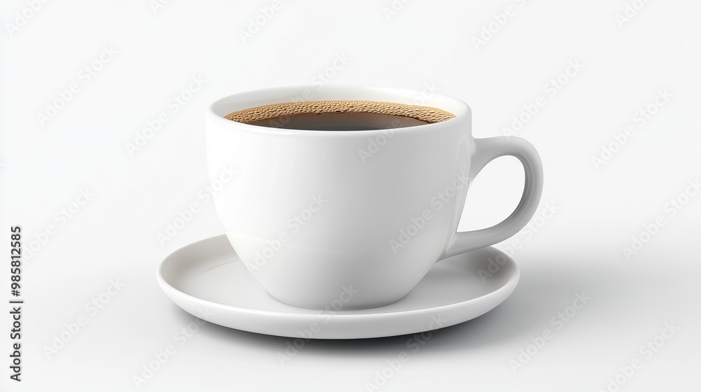 A white coffee cup with a white saucer sits on a white background A white coffee cup with a white saucer sits on a white background