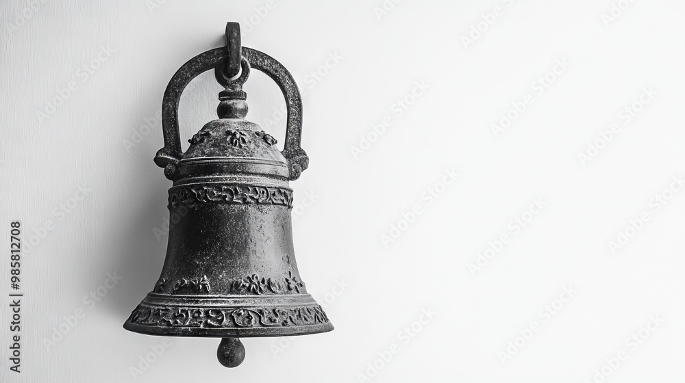 A black and white photo of a bell hanging on a wall A black and white photo of a bell hanging on a wall