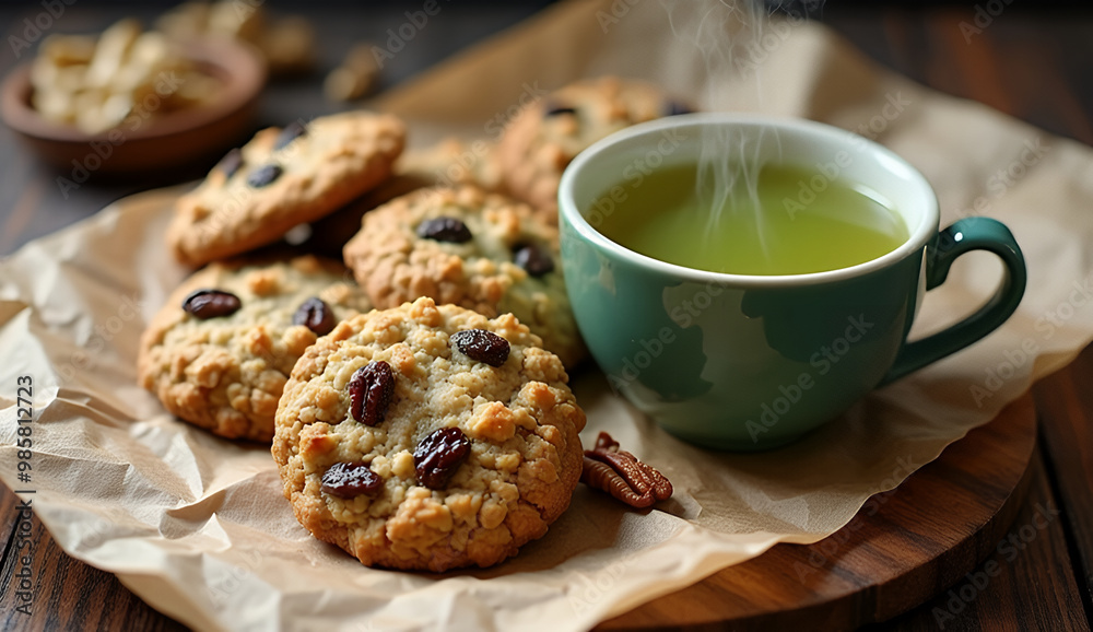 Freshly baked oatmeal cookies with raisins and nuts Freshly baked oatmeal cookies with raisins and nuts