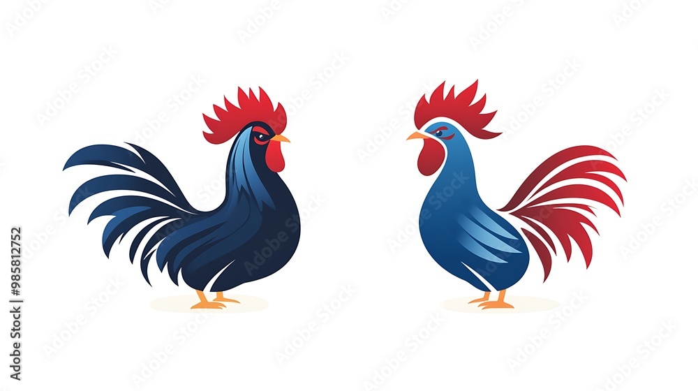 Fototapeta premium Bold Red Rooster and Blue Chicken Logo Vector on White Background