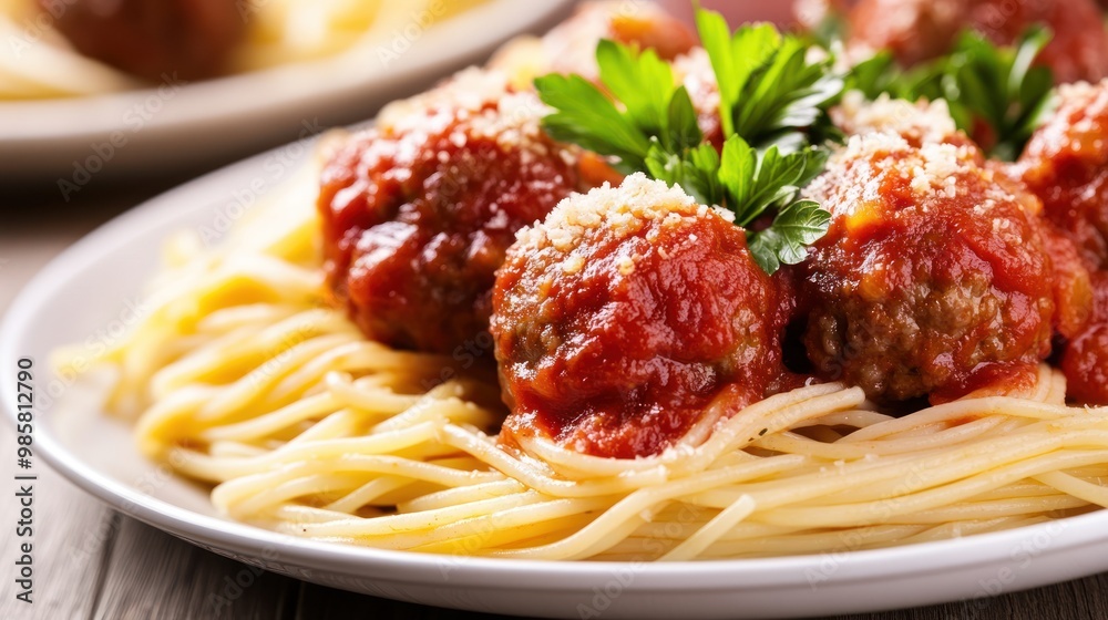 A classic pasta dish with spaghetti, marinara sauce, and meatballs garnished with fresh parsley on a white plate A classic pasta dish with spaghetti, marinara sauce, and meatballs garnished with fresh parsley on a white plate