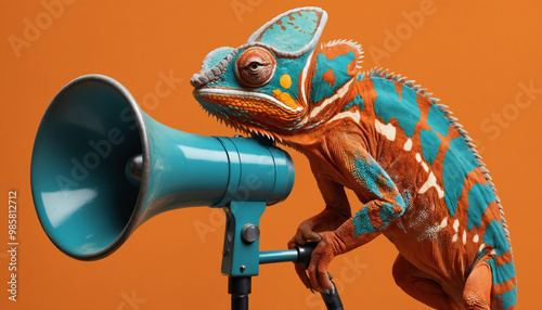 Chameleon's Call: A vibrant chameleon gripping a megaphone, set against a bold orange backdrop. This quirky image embodies communication, adaptation, and standing out from the crowd. photo