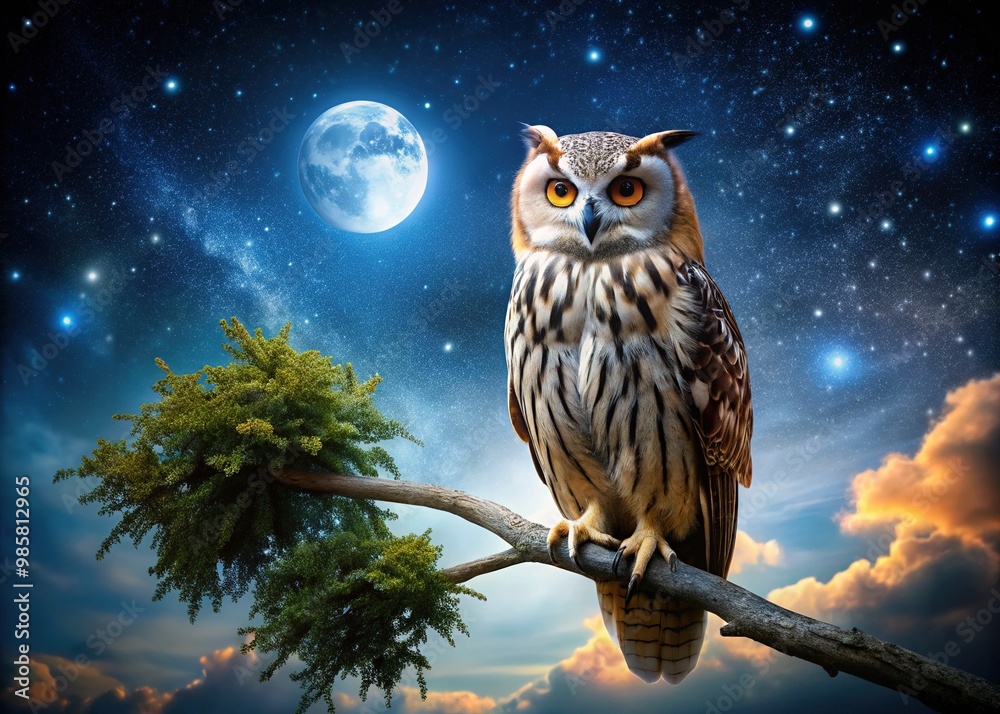 A majestic owl sits silently on a branch under the moonlight, surrounded by twinkling stars and the enchanting beauty of nature's quiet embrace. A majestic owl sits silently on a branch under the moonlight, surrounded by twinkling stars and the enchanting beauty of nature's quiet embrace.