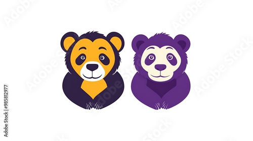 Playful Yellow Monkey and Purple Panda Logo Vector on Clean White Background