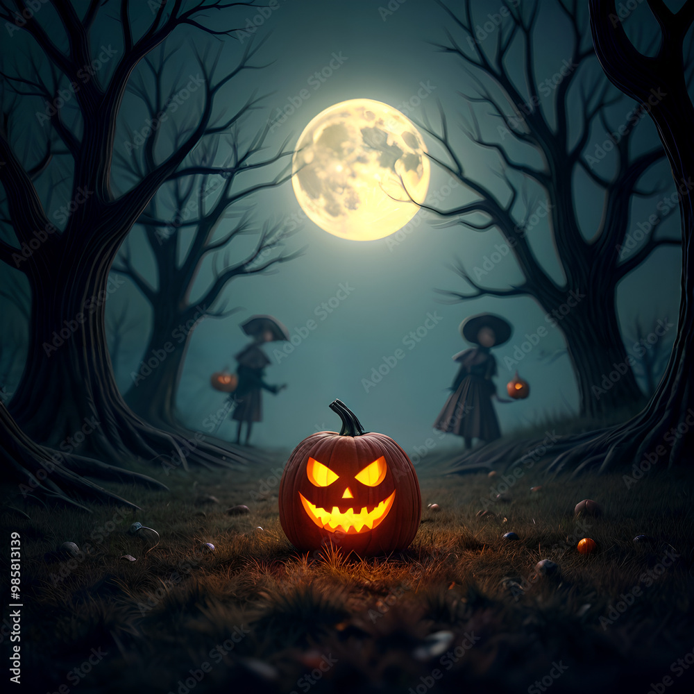 Spooky Halloween scene: A glowing jack-o'-lantern in a misty pumpkin patch under a full moon, with eerie trees and space for chilling text. Spooky Halloween scene: A glowing jack-o'-lantern in a misty pumpkin patch under a full moon, with eerie trees and space for chilling text.