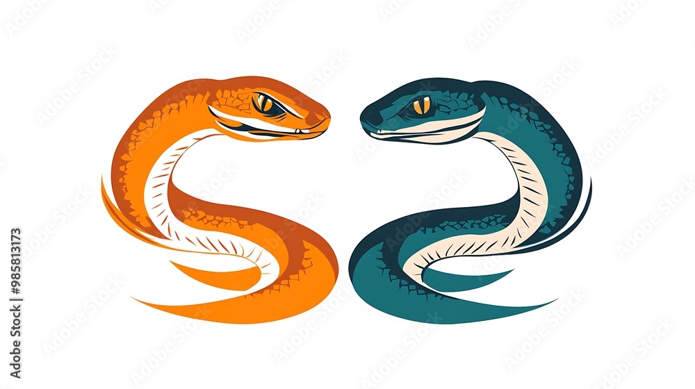 Obraz premium Vibrant Orange Snake and Teal Lizard Logo Vector on White Background - Minimalistic Reptile Design