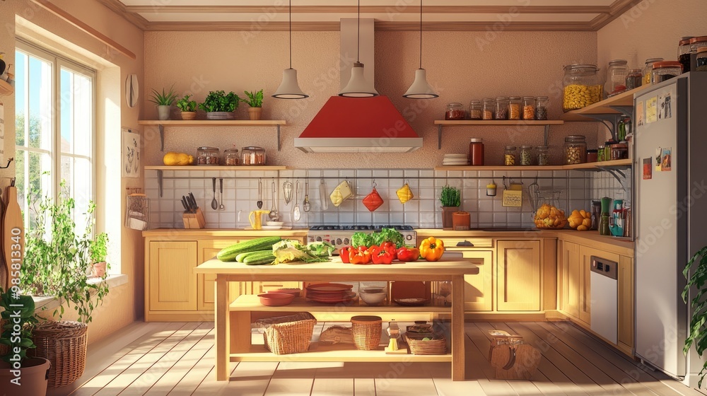 A family kitchen with a large table, open shelves, and fresh vegetables arranged on the counter. A family kitchen with a large table, open shelves, and fresh vegetables arranged on the counter.