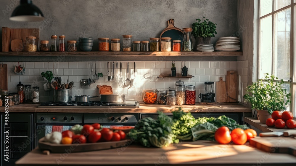 A family kitchen with a large table, open shelves, and fresh vegetables arranged on the counter. A family kitchen with a large table, open shelves, and fresh vegetables arranged on the counter.
