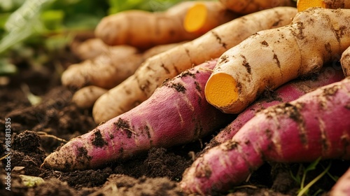 A close-up of freshly harvested root vegetables like sweet potatoes, ginger, and turmeric with dirt clinging to their surfaces emphasizing their organic and natural state photo