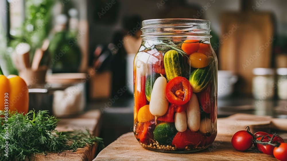 A glass jar filled with homemade pickled vegetables, set on a kitchen table. A glass jar filled with homemade pickled vegetables, set on a kitchen table.