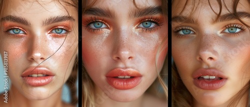 Close-up portraits of a young woman with blue eyes and natural makeup, showcasing her beauty and different emotional expressions.