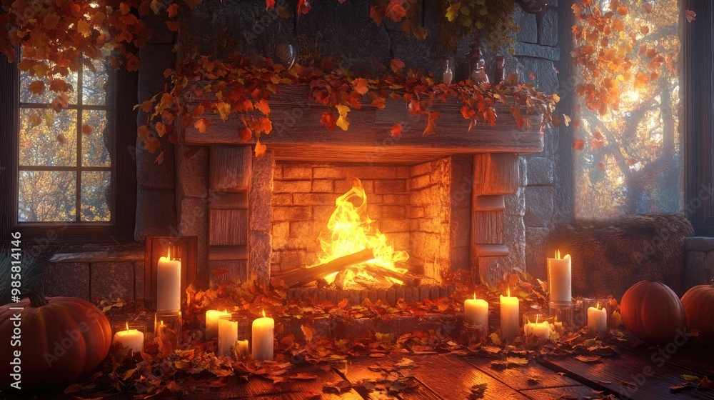 A hearth decorated with autumn leaves and candles, with a fire glowing softly inside. A hearth decorated with autumn leaves and candles, with a fire glowing softly inside.