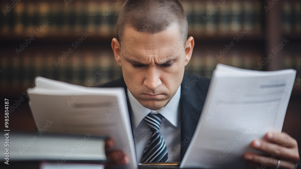 Banker in close-up reviewing financial documents, serious expression, legal books and digital screen in background, emphasizing compliance and financial regulation Banker in close-up reviewing financial documents, serious expression, legal books and digital screen in background, emphasizing compliance and financial regulation