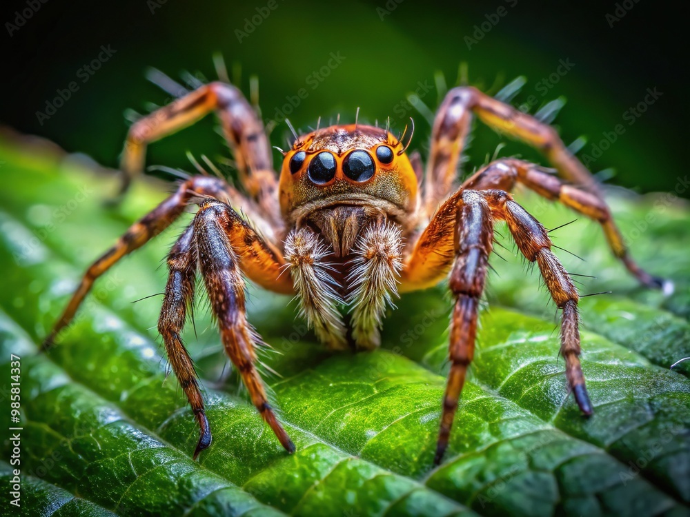 A Neoscona crucifera spider rests on a green leaf, basking in the soft morning light, beautifully blending into its natural habitat. Nature's delicate artistry shines. A Neoscona crucifera spider rests on a green leaf, basking in the soft morning light, beautifully blending into its natural habitat. Nature's delicate artistry shines.