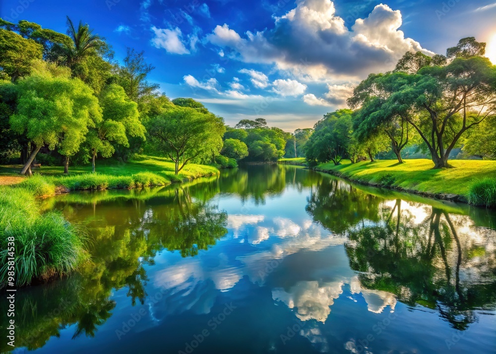 Fototapeta premium A peaceful lagoon park featuring vibrant greenery, tranquil waters reflecting the azure sky, creating a serene environment perfect for relaxation and connection with nature.