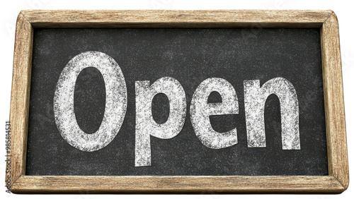 'Open' sign on a blackboard with a rustic wooden frame and a transparent background photo