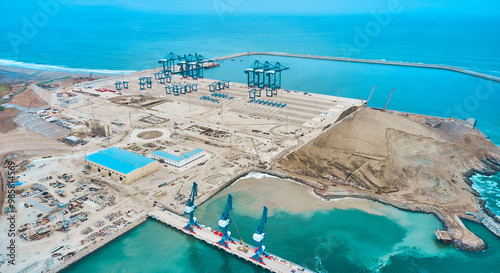 Chancay seaport. Located in Peru, Mega port under construction, future maritime hub of South America. Chancay Lima, Peru. photo