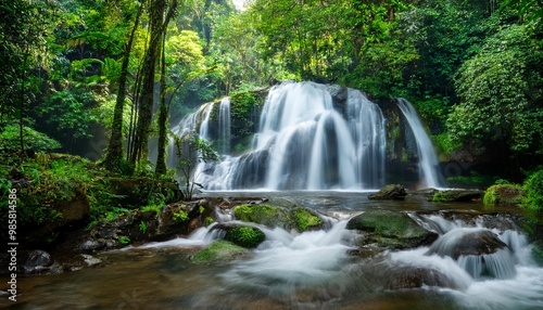 Cascading waterfalls in a lush rainforest.