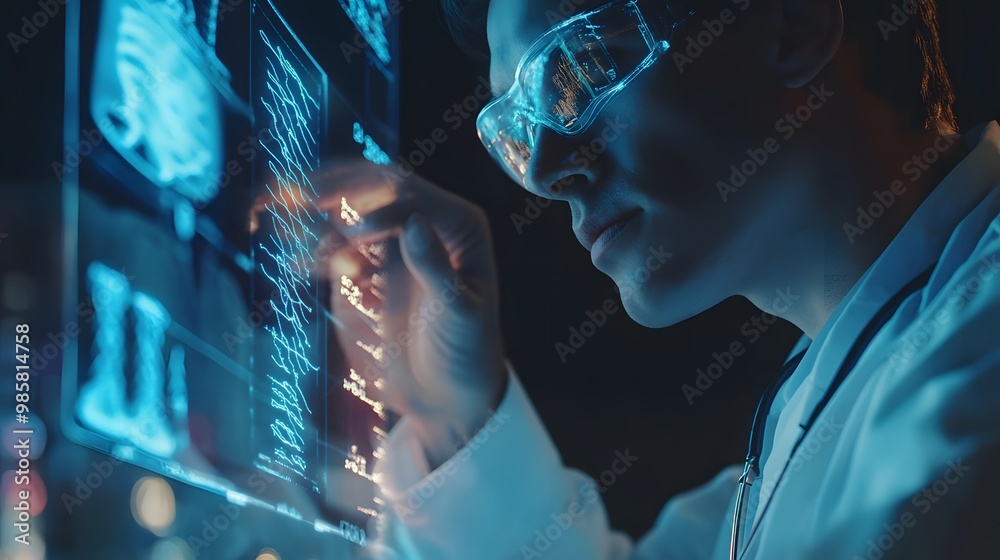 A Doctor Analyzing Data on a Futuristic Display A Doctor Analyzing Data on a Futuristic Display