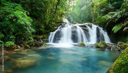 Cascading waterfalls in a lush rainforest.