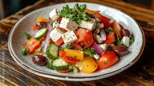 A colorful Mediterranean salad with fresh vegetables, olives, and feta cheese neatly placed on a white ceramic plate with a rustic background photo