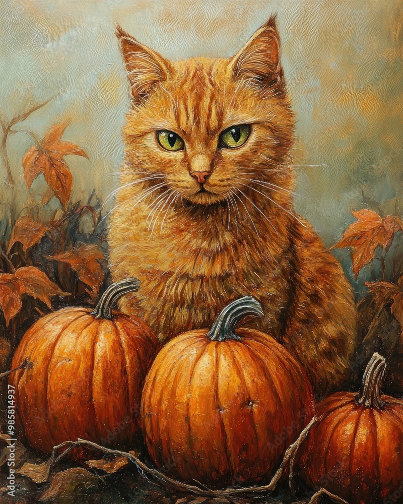 Red Cat with Pumpkins Red Cat with Pumpkins