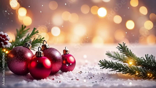 Christmas and New Year background with fir branches, Christmas tree balls, bokeh lights, snowfall and place for text.