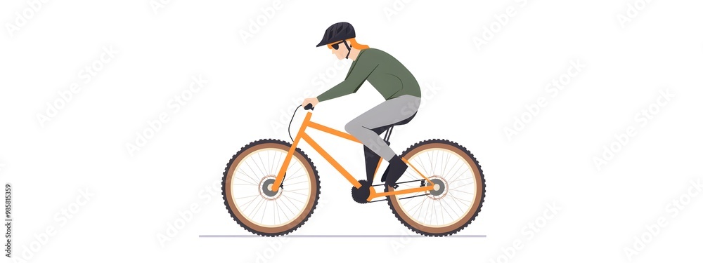 Naklejka premium A person riding an off-road bicycle, with a flat design featuring simple lines and minimal details, set against a white background in an illustrative style.