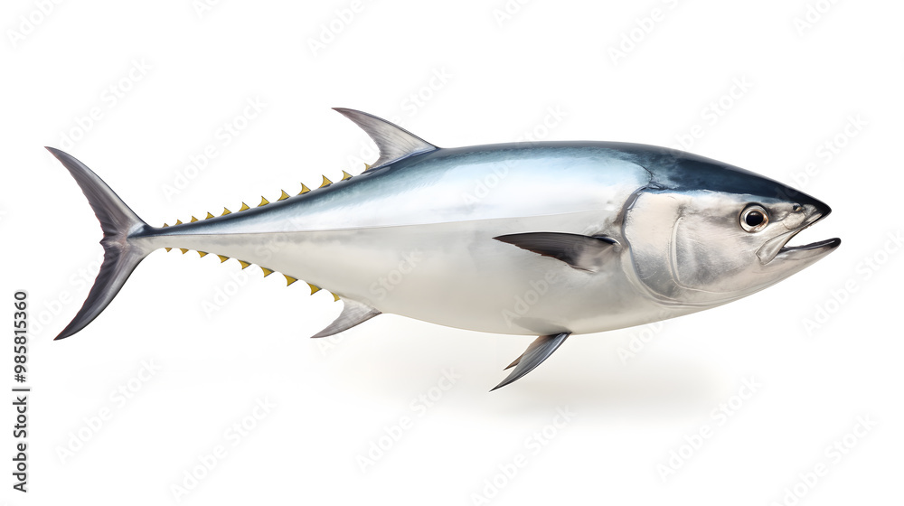 Fresh whole tuna fish with glossy silver skin isolated on white background Fresh whole tuna fish with glossy silver skin isolated on white background