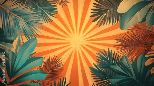Tropical Luau Sunset Poster Design Template with Palm Tree Patterns and Warm Beach Textures for Summer Party Flyer - Vector Illustration Close-up View